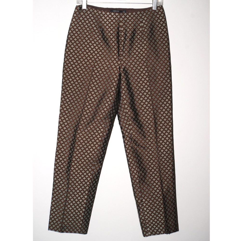 Carlisle brown slacks with aqua geometric brocade